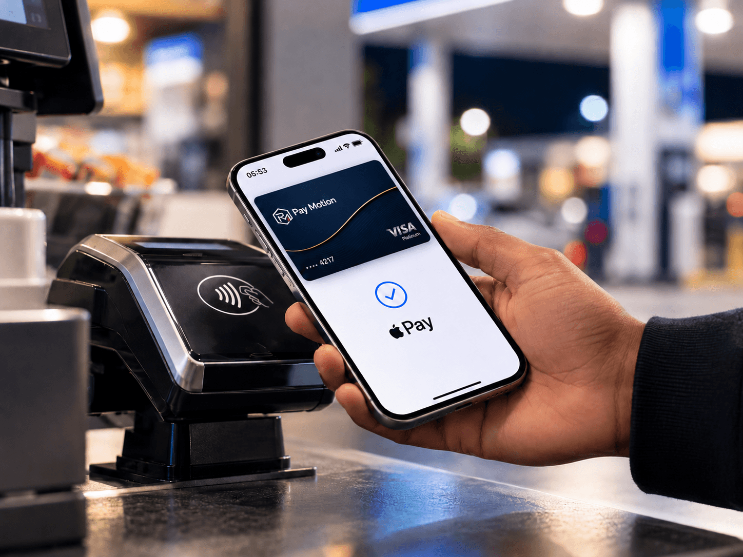 Illustrative Apple Pay contactless payment at a checkout
