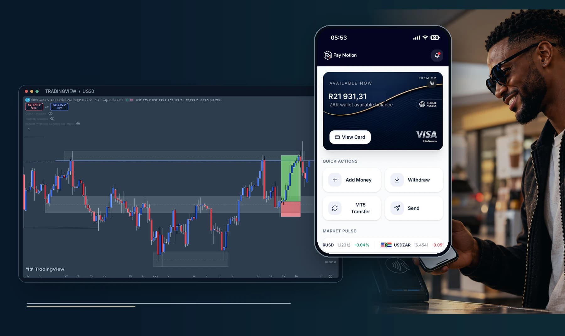 TradingView chart, Pay Motion wallet and contactless payment scene